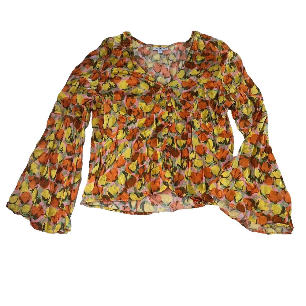 Topshop Abstract Floral Print V-Neck Button Front Blouse Bell Sleeve Size US 14